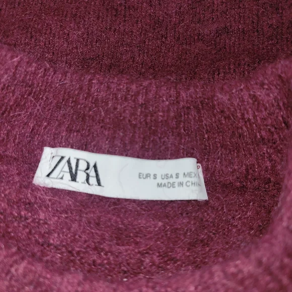Zara Burgundy Wool Alpaca Blend Knit Crewneck Sweater Size S - Picture 7 of 7